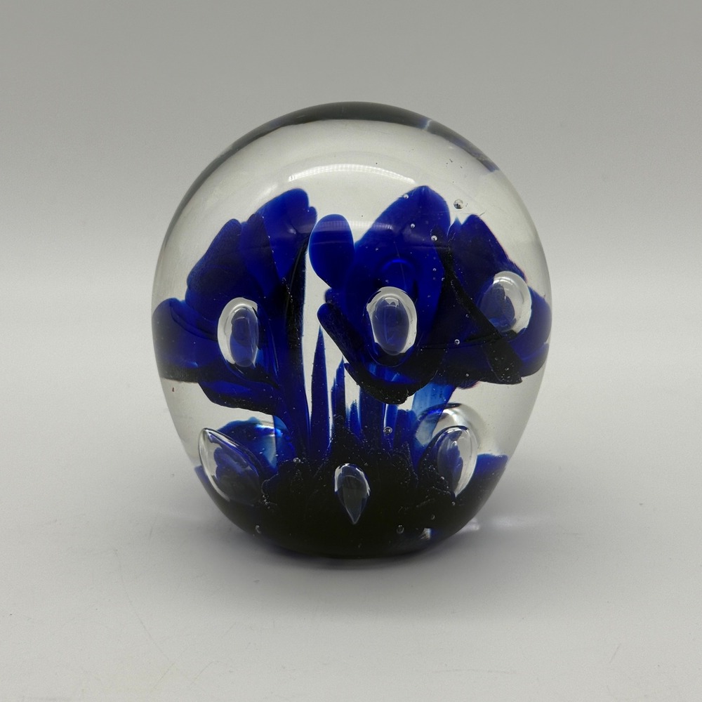 Maude Bob St Clair Art Glass Paperweight 1984 Blue Floral Controlled Bubble 3in